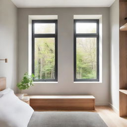 A bedroom showcasing a front window with a 20 inch cut, allowing natural light to flood into the room.