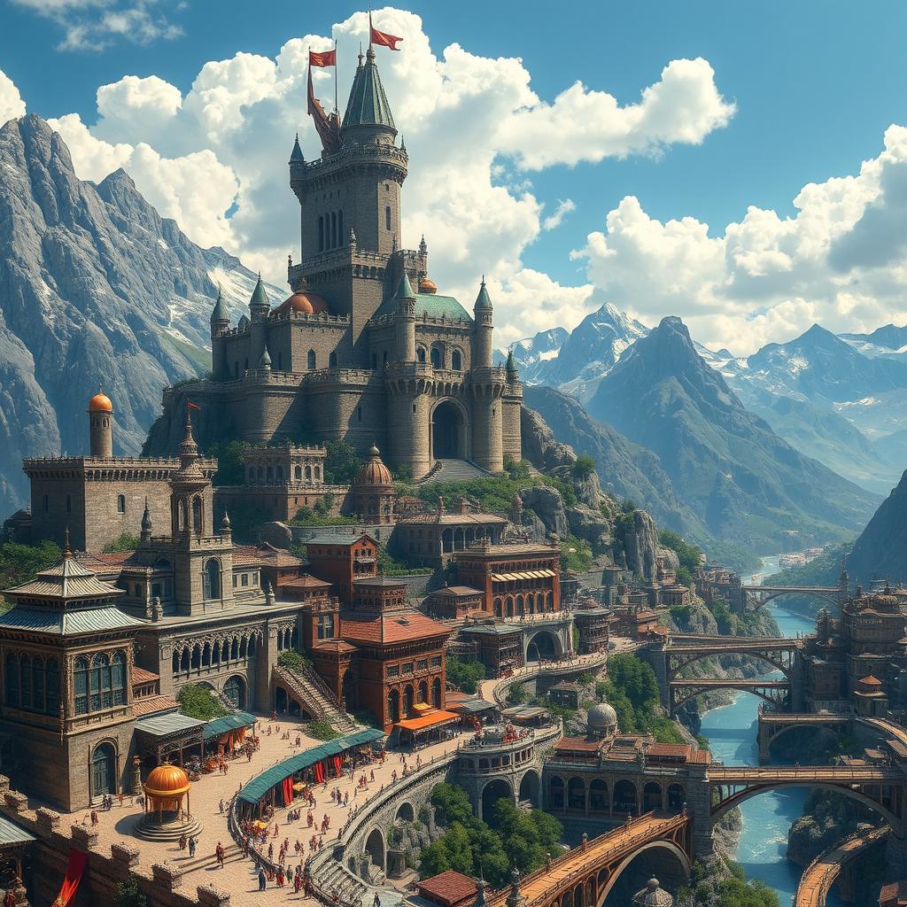 A majestic castle nestled in the high mountains, towering over a vibrant capital city below, filled with knowledge and jewels