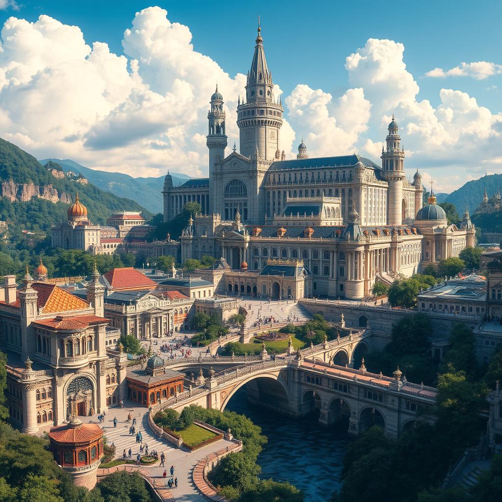 A majestic and vibrant capital city nestled in a lush valley, filled with knowledge and jewels, showcasing its royal essence