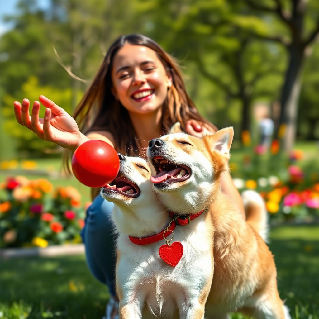 A cute dog joyfully playing with a bright red ball alongside a beautiful young woman