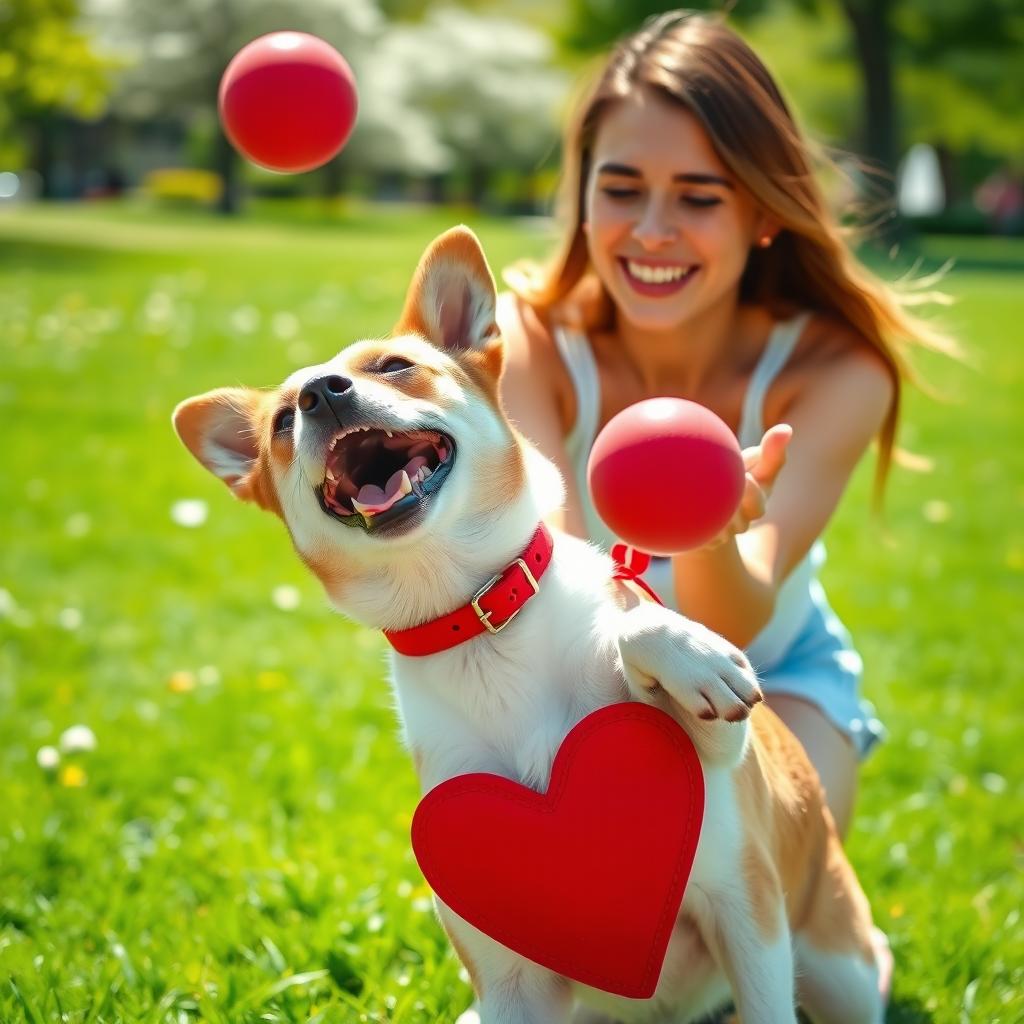 A cute dog energetically playing with a bright red ball alongside a beautiful young woman