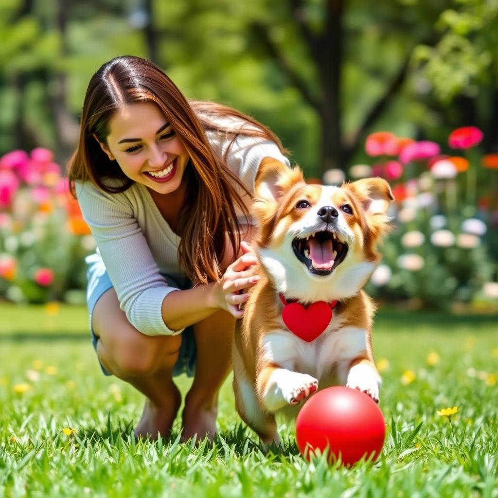 A cute dog energetically playing with a bright red ball alongside a beautiful young woman