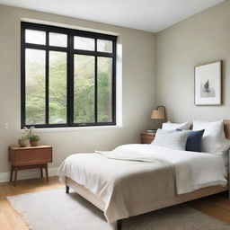 A bedroom showcasing a front window with a 20 inch cut, allowing natural light to flood into the room.