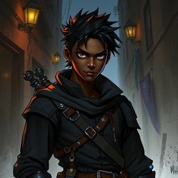 A 25-year-old black-skinned male rogue character depicted in a fantasy art style