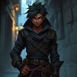 A 25-year-old black-skinned male rogue character depicted in a fantasy art style