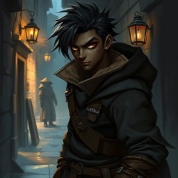 A 25-year-old black-skinned male rogue character depicted in a fantasy art style