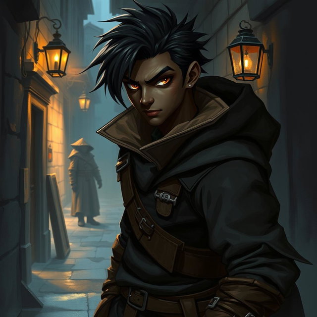 A 25-year-old black-skinned male rogue character depicted in a fantasy art style