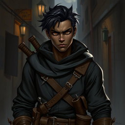 A 25-year-old black-skinned male rogue character depicted in a fantasy art style