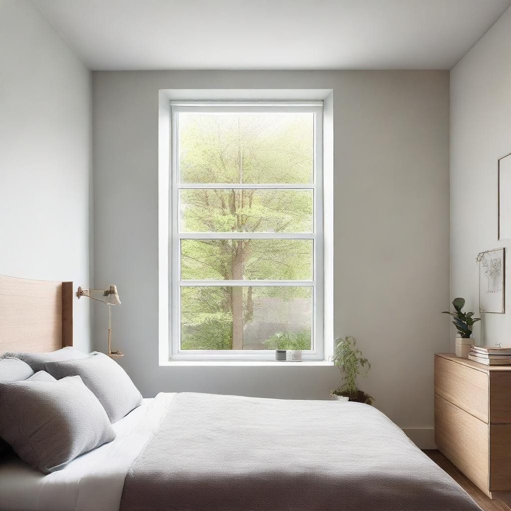 A bedroom showcasing a front window with a 20 inch cut, allowing natural light to flood into the room.