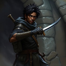 A 25-year-old black-skinned male rogue character from a Dungeons & Dragons setting