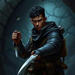 A 25-year-old black-skinned male rogue character from a Dungeons & Dragons setting