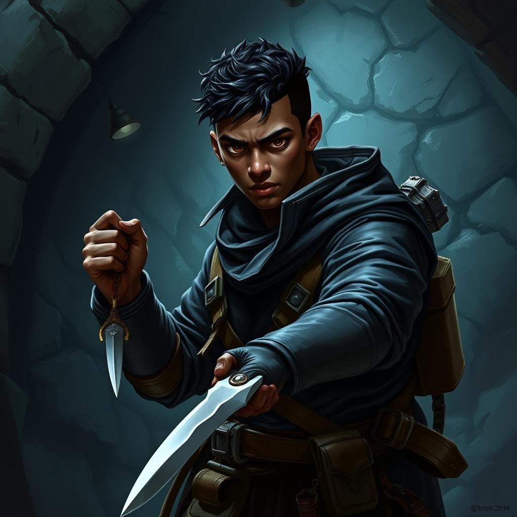 A 25-year-old black-skinned male rogue character from a Dungeons & Dragons setting