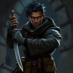 A 25-year-old black-skinned male rogue character from a Dungeons & Dragons setting