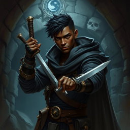 A 25-year-old black-skinned male rogue character from a Dungeons & Dragons setting