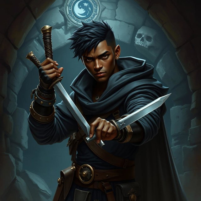 A 25-year-old black-skinned male rogue character from a Dungeons & Dragons setting