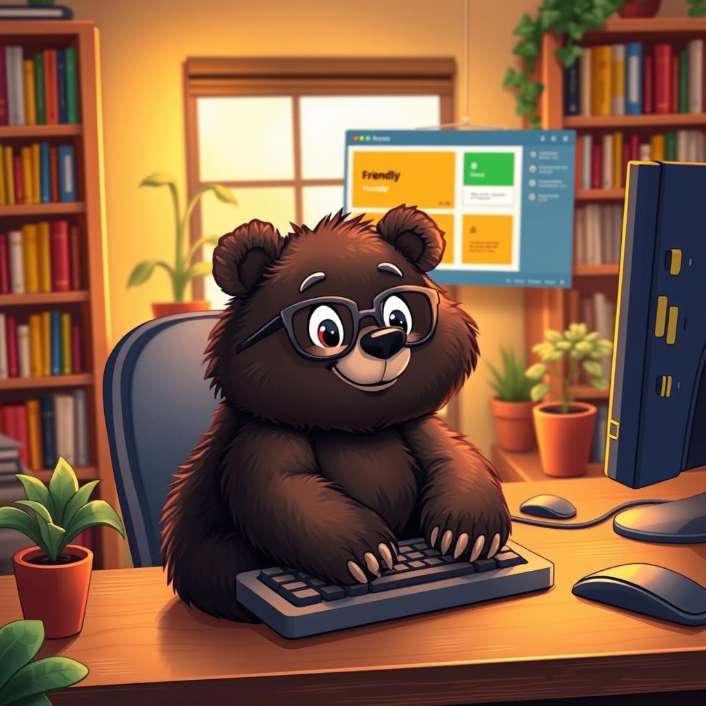 A cute bear sitting on a computer desk, paws gently resting on the keyboard, a focused expression on its face as it looks at the screen