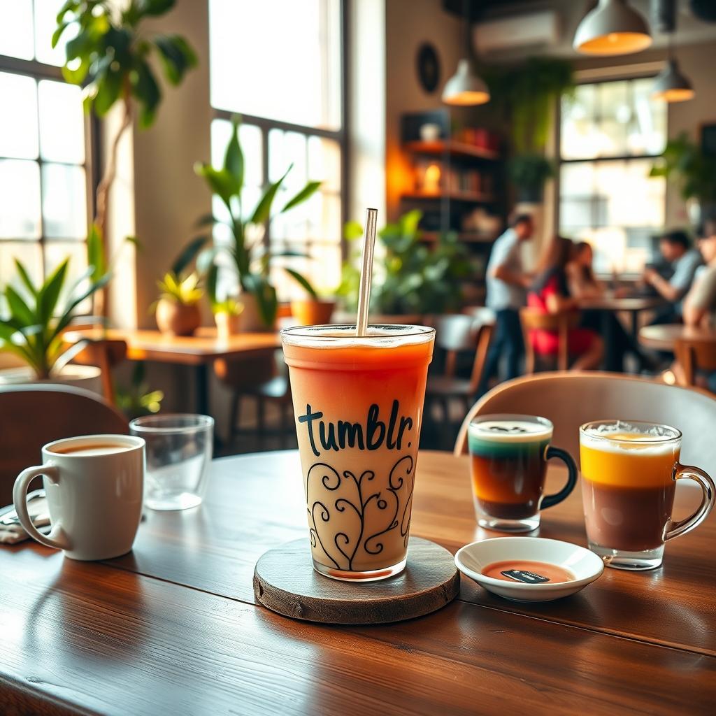 A beautifully arranged scene featuring a cozy coffee shop interior with large windows letting in warm sunlight
