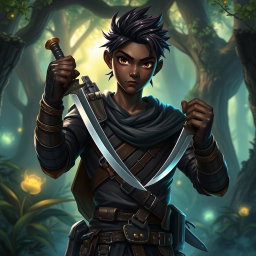 A 25-year-old black-skinned male rogue character in a fantasy setting, wielding a dagger with confidence