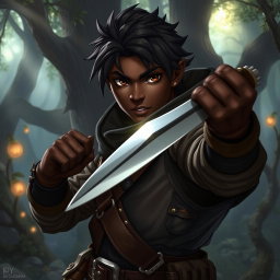 A 25-year-old black-skinned male rogue character in a fantasy setting, wielding a dagger with confidence
