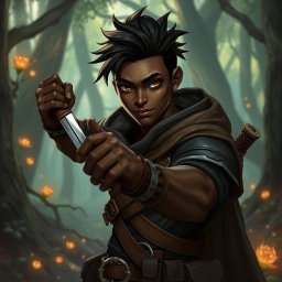 A 25-year-old black-skinned male rogue character in a fantasy setting, wielding a dagger with confidence