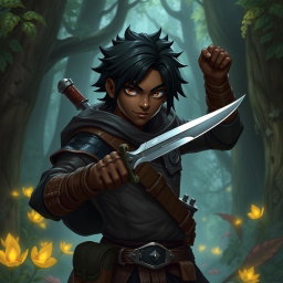 A 25-year-old black-skinned male rogue character in a fantasy setting, wielding a dagger with confidence