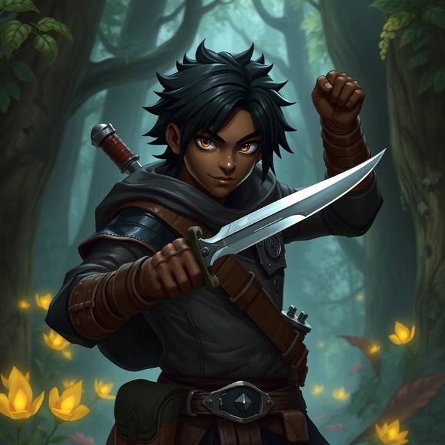 A 25-year-old black-skinned male rogue character in a fantasy setting, wielding a dagger with confidence