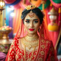 A stunning Indian bride dressed in a beautifully ornate red and gold lehenga, adorned with intricate embroidery and sparkling jewels