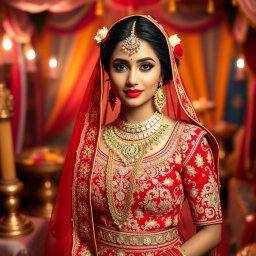 A stunning Indian bride dressed in a beautifully ornate red and gold lehenga, adorned with intricate embroidery and sparkling jewels