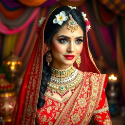 A stunning Indian bride dressed in a beautifully ornate red and gold lehenga, adorned with intricate embroidery and sparkling jewels