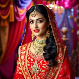 A stunning Indian bride dressed in a beautifully ornate red and gold lehenga, adorned with intricate embroidery and sparkling jewels