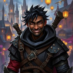 A 30-year-old black-skinned male rogue character set in a vibrant fantasy world