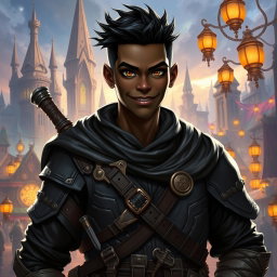 A 30-year-old black-skinned male rogue character set in a vibrant fantasy world
