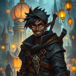 A 30-year-old black-skinned male rogue character set in a vibrant fantasy world