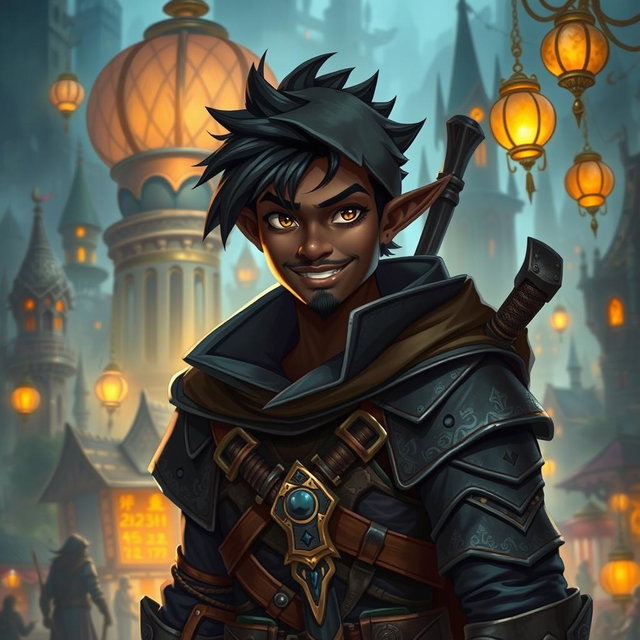 A 30-year-old black-skinned male rogue character set in a vibrant fantasy world