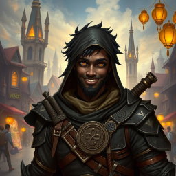 A 30-year-old black-skinned male rogue character set in a vibrant fantasy world
