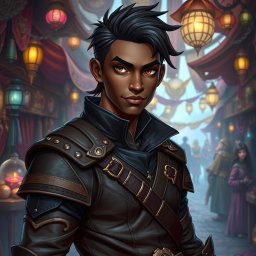 A 30-year-old black-skinned male rogue character in a captivating fantasy setting