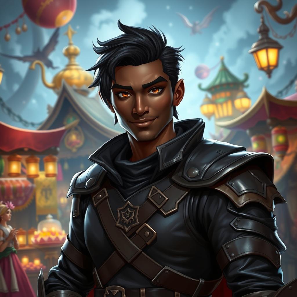 A 30-year-old black-skinned male rogue character in a captivating fantasy setting