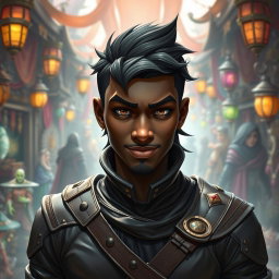 A 30-year-old black-skinned male rogue character in a captivating fantasy setting