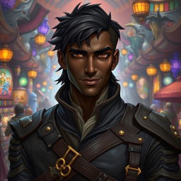 A 30-year-old black-skinned male rogue character in a captivating fantasy setting