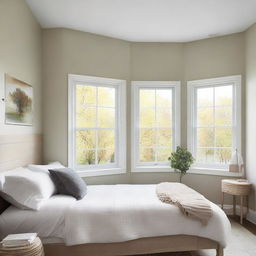 A bedroom showcasing a front window with a 20 inch cut, allowing natural light to flood into the room.