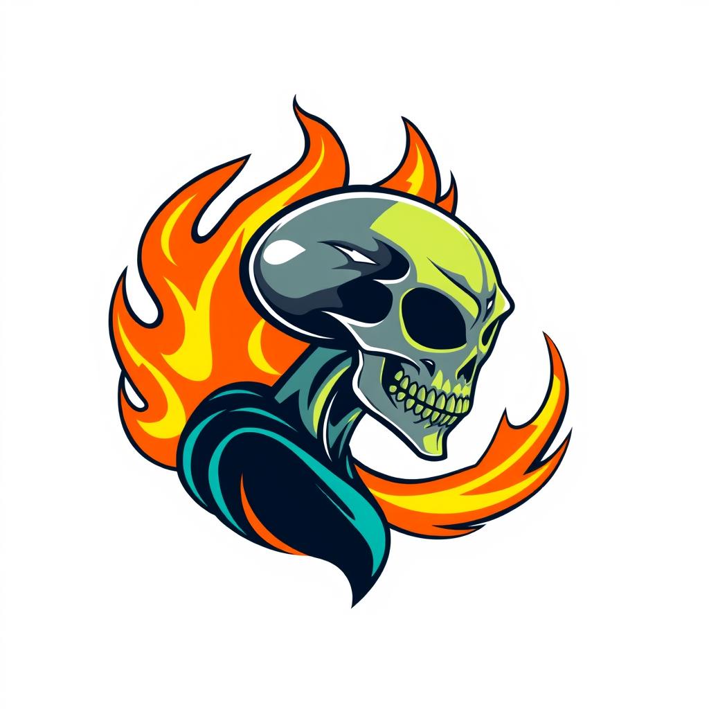 A striking logo featuring a stylized design with bold and vibrant flames, incorporating an alien skull on the right shoulder