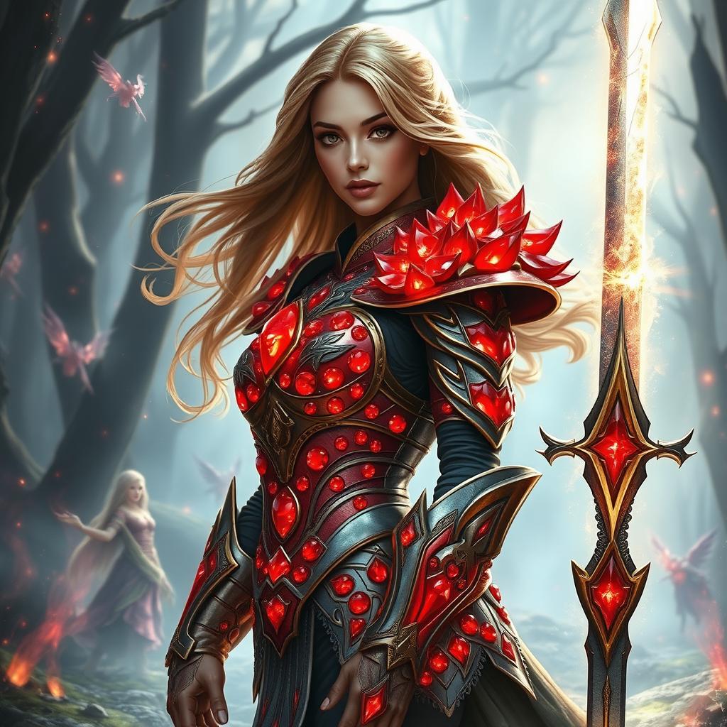 A stunning woman wearing fantasy armor crafted from shimmering red gems