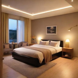 A cosy, elegantly furnished room with ambient lighting.