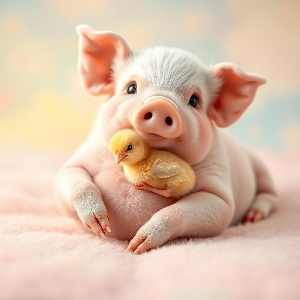 A super cute scene featuring a baby minipig lying down with a small baby chick perched adorably on its tummy