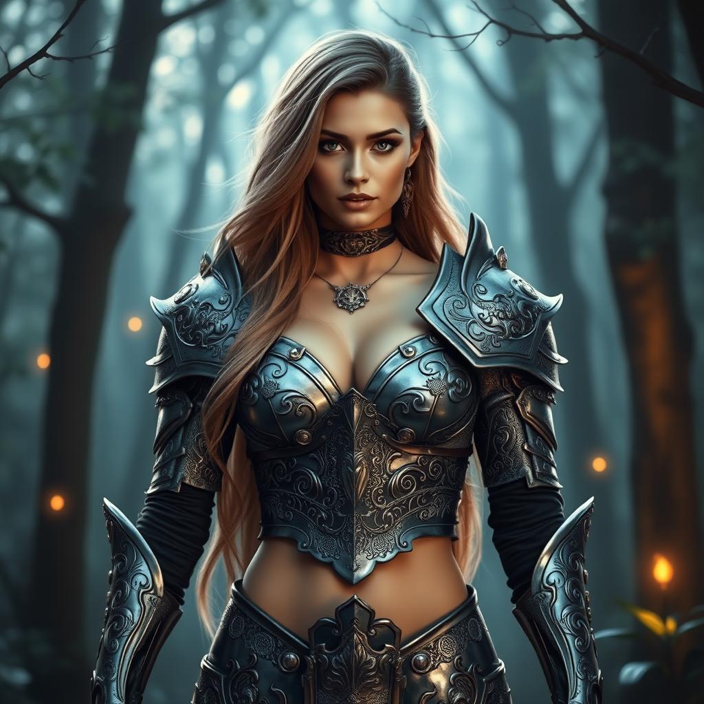 A stunning woman in intricate fantasy armor made of shiny, polished steel, showcasing elaborate engravings and designs