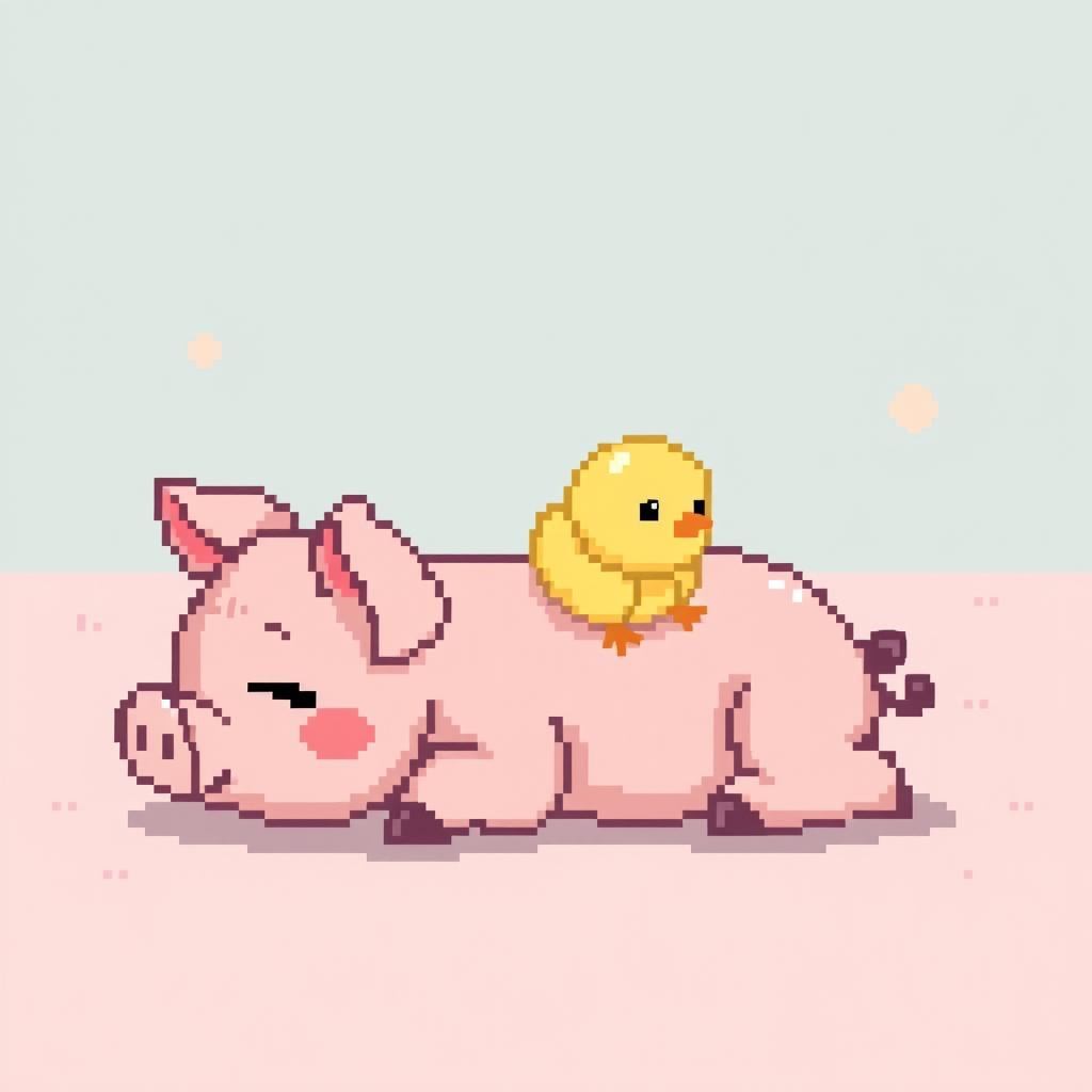 A pixel art scene depicting a super cute baby minipig lying down with a small baby chick sitting on its tummy