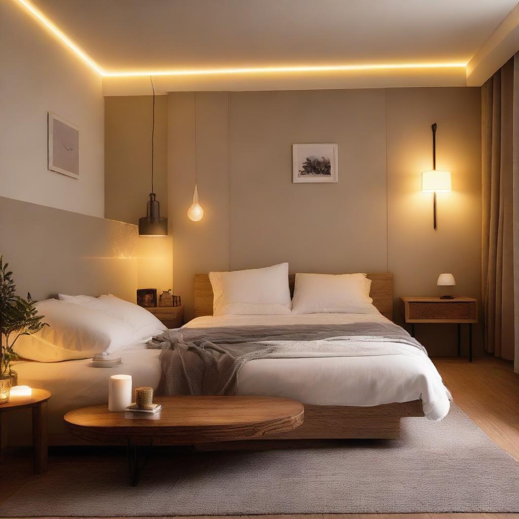 A cosy, elegantly furnished room with ambient lighting.