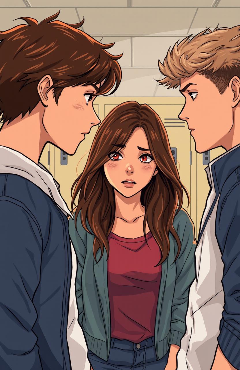 An intense high school setting focused on rivalry and unspoken emotions, featuring a young woman named Madison Wilde with expressive features, her best friend Olivia with a lively personality, and their academic rival Aiden, who has charming yet competitive traits