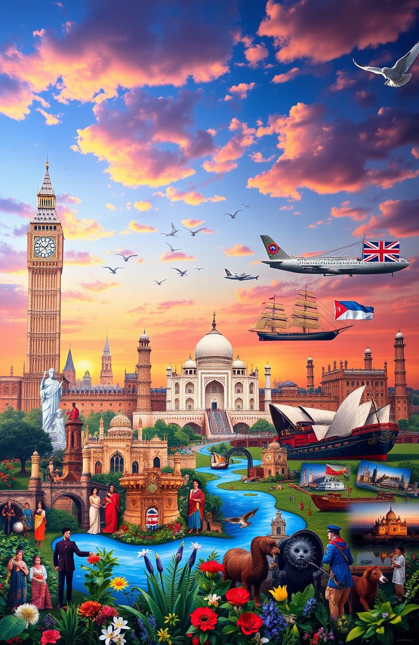 A comprehensive depiction of the British Empire at its height, showcasing various aspects of its global influence