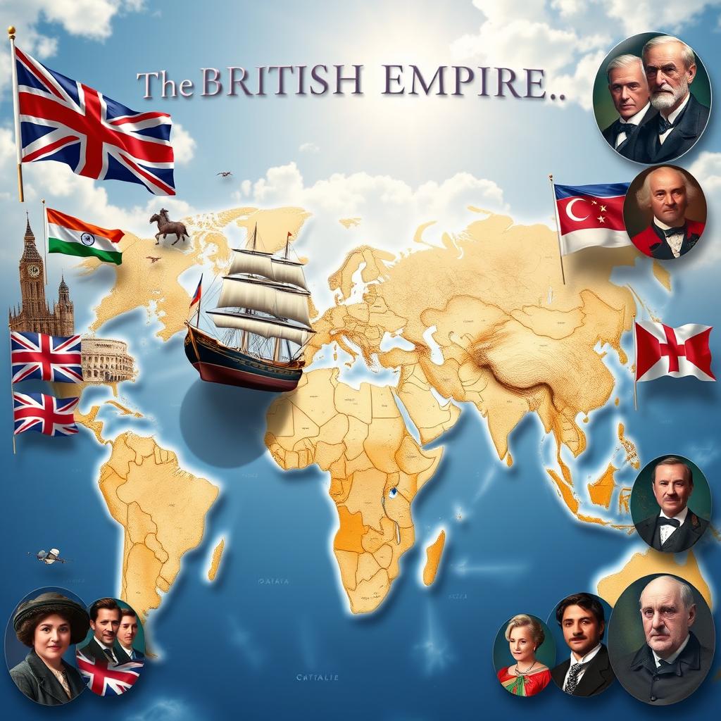 An artistic representation of the British Empire, showcasing its vastness and diversity